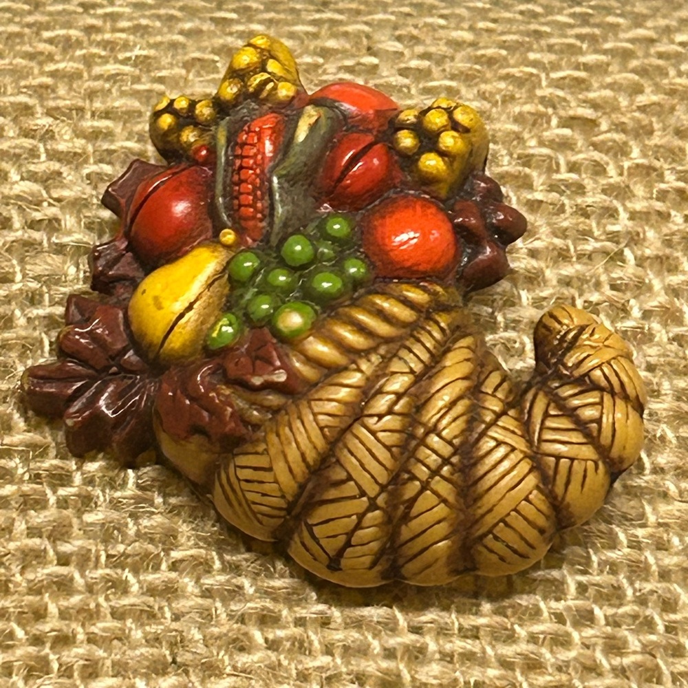 Colorful vintage 70’s Hallmark Cornucopia Brooch pin Autumn Thanksgiving bounty